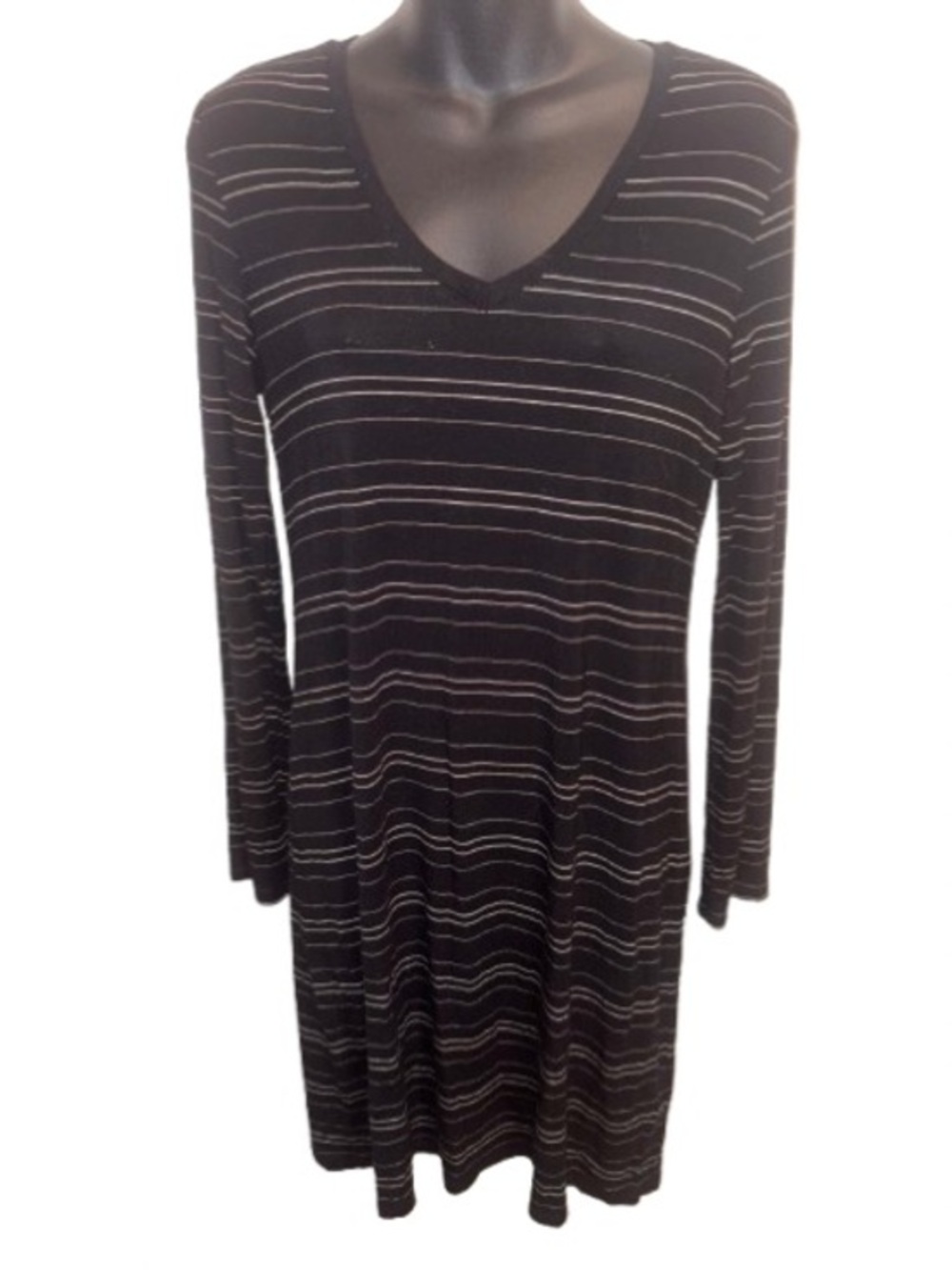 Daily Ritual Black V-Neck Long-Sleeve Striped Dress size S